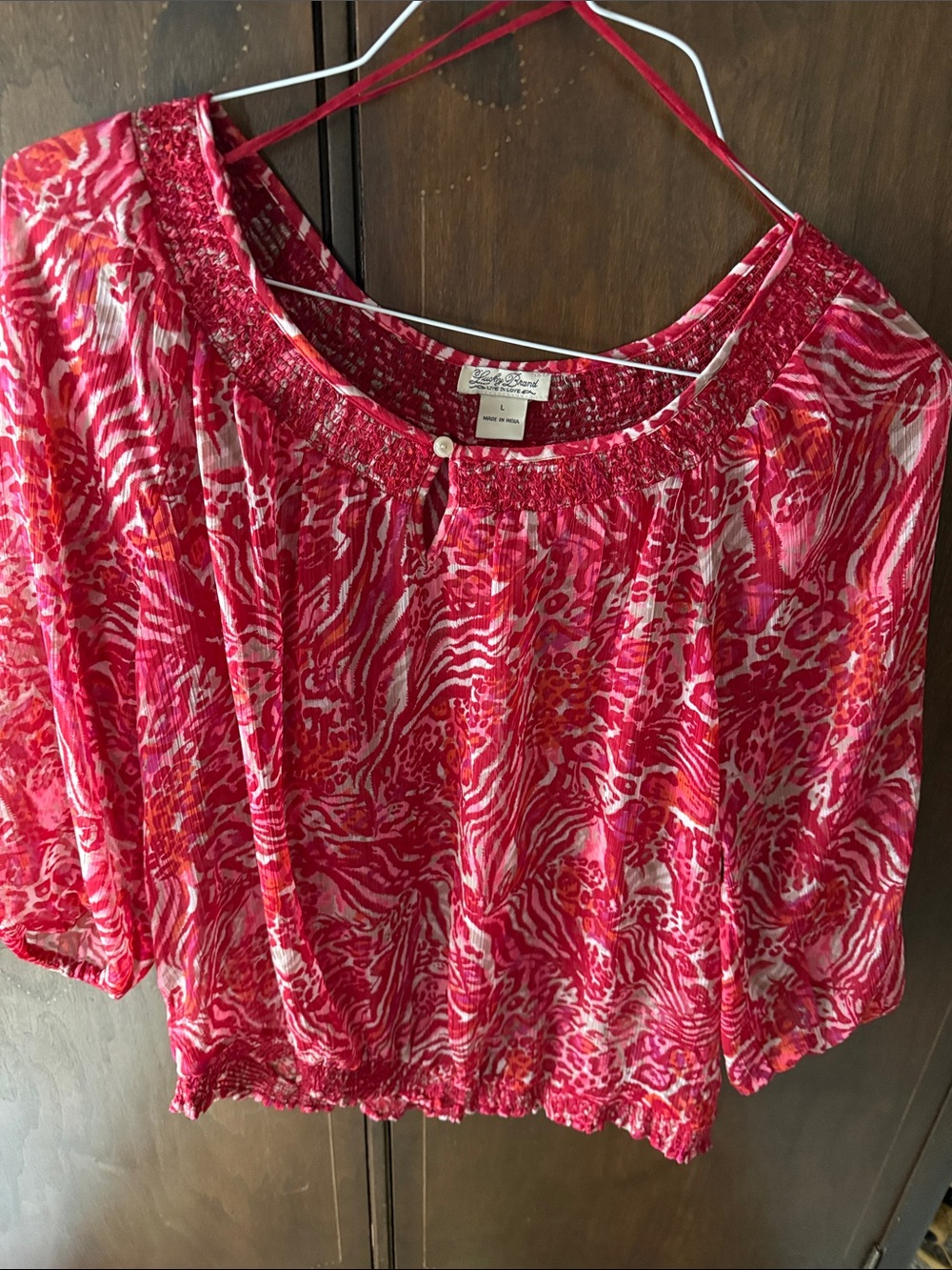 Lucky Brand Pink Mixed-Print Peasant Top